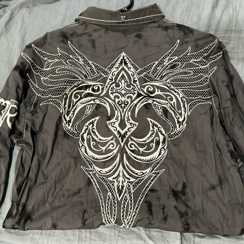 Roar Charcoal and White Embroidered Casual Button Down Shirt